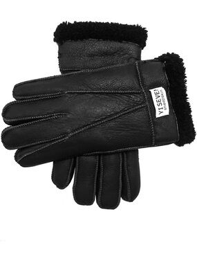 YISEVEN Men's Winter Shearling Sheepskin Gloves with Logo Medium